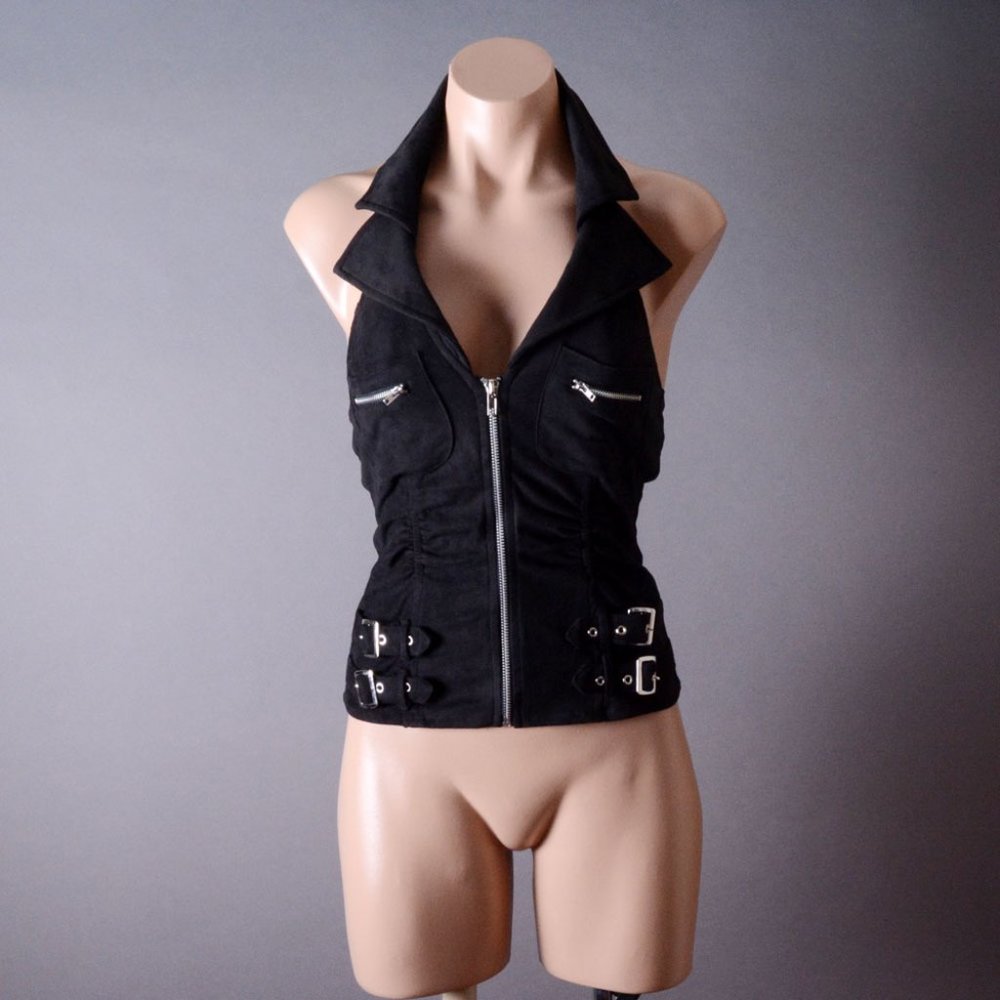 Black Halter Womens Moto Biker Punk Motorcycle Buckle Steampunk Vest Top Shirt - Picture 2 of 8